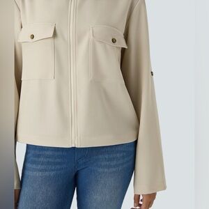 NWT HALARA Stand Collar Roll Tab Sleeve Flap Pocket Inside Drawstring Jacket